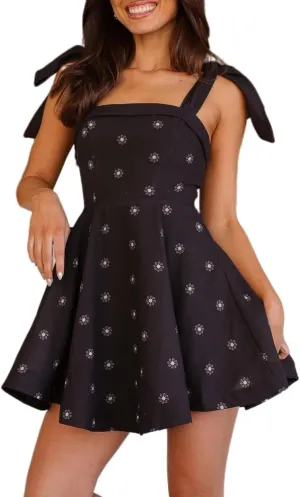 Sastianaen Women Y2k Floral Print Mini Dress Boho Tie Shoulder Spaghetti Strap Short Dress Flowy A Line Dress