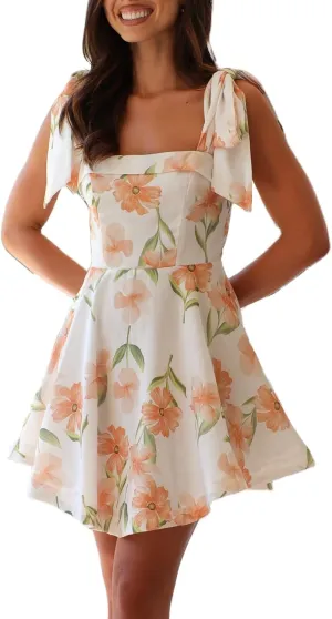 Sastianaen Women Y2k Floral Print Mini Dress Boho Tie Shoulder Spaghetti Strap Short Dress Flowy A Line Dress