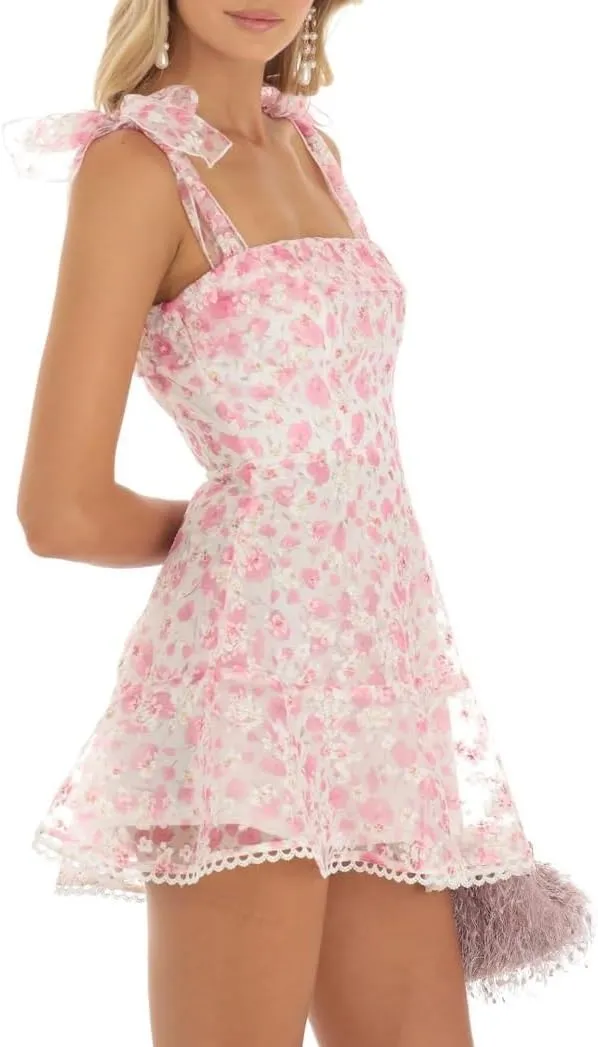Sastianaen Women Y2k Floral Print Mini Dress Boho Tie Shoulder Spaghetti Strap Short Dress Flowy A Line Dress