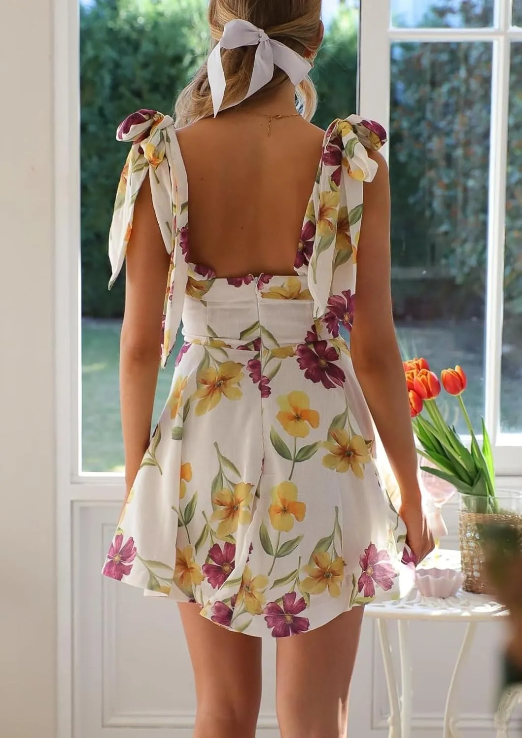Sastianaen Women Y2k Floral Print Mini Dress Boho Tie Shoulder Spaghetti Strap Short Dress Flowy A Line Dress