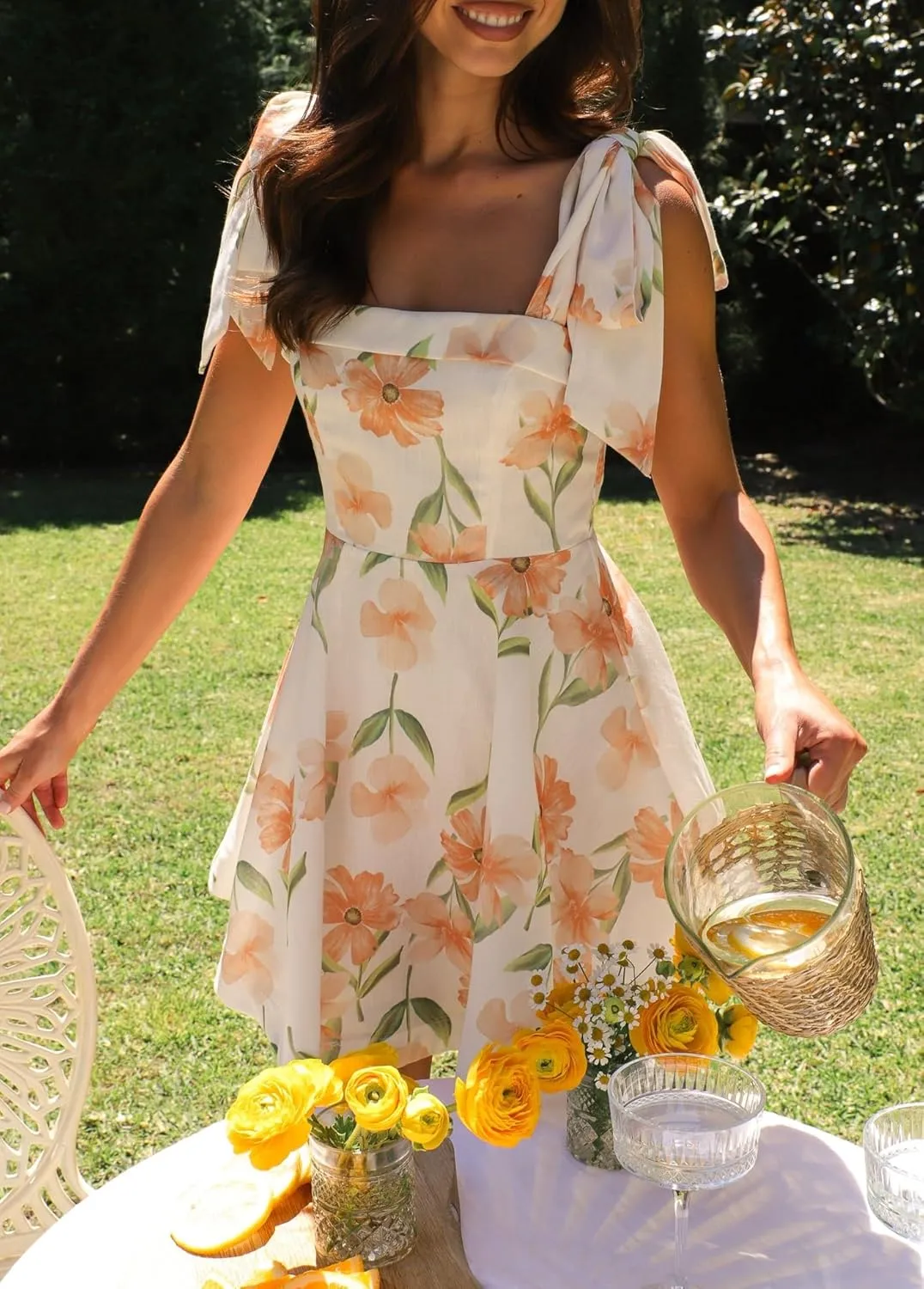 Sastianaen Women Y2k Floral Print Mini Dress Boho Tie Shoulder Spaghetti Strap Short Dress Flowy A Line Dress