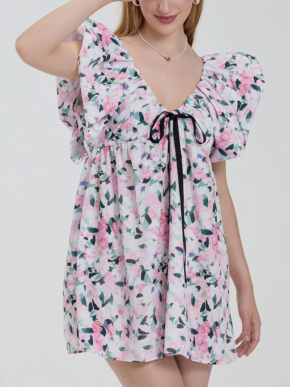 Sastianaen Women Y2k Floral Print Mini Dress Boho V Neck Puff Sleeve Short Dress Bow Tie Flowy Dress Beach Sundress
