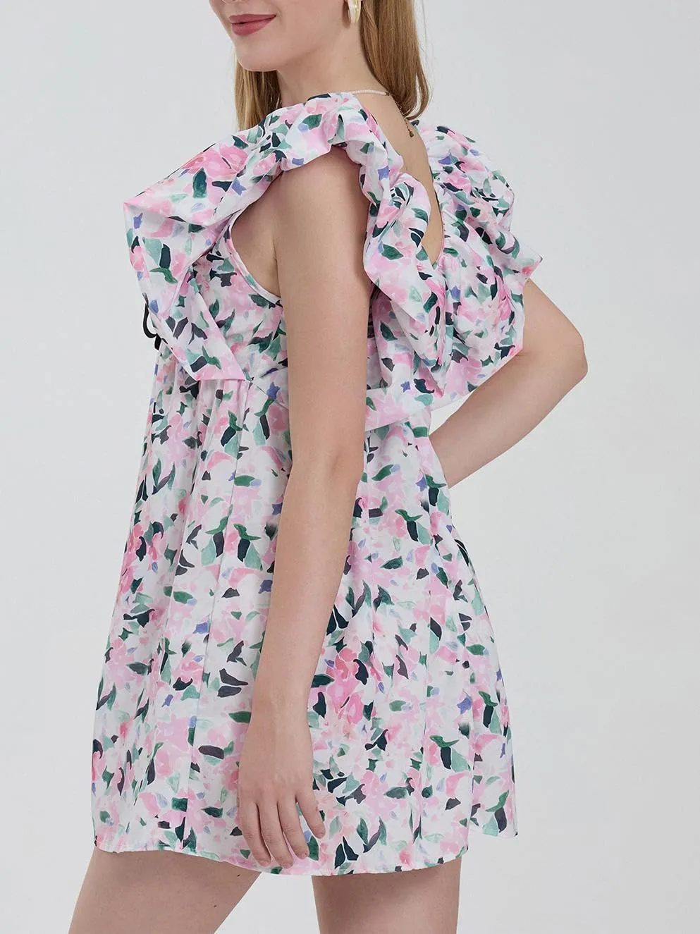 Sastianaen Women Y2k Floral Print Mini Dress Boho V Neck Puff Sleeve Short Dress Bow Tie Flowy Dress Beach Sundress