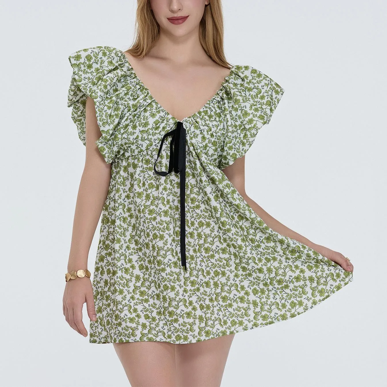 Sastianaen Women Y2k Floral Print Mini Dress Boho V Neck Puff Sleeve Short Dress Bow Tie Flowy Dress Beach Sundress