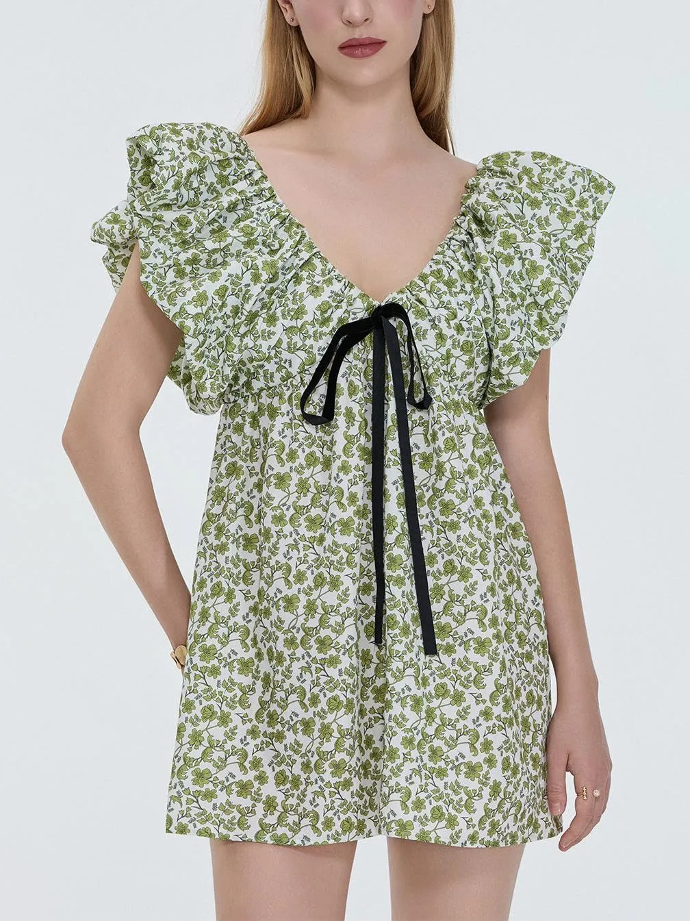 Sastianaen Women Y2k Floral Print Mini Dress Boho V Neck Puff Sleeve Short Dress Bow Tie Flowy Dress Beach Sundress