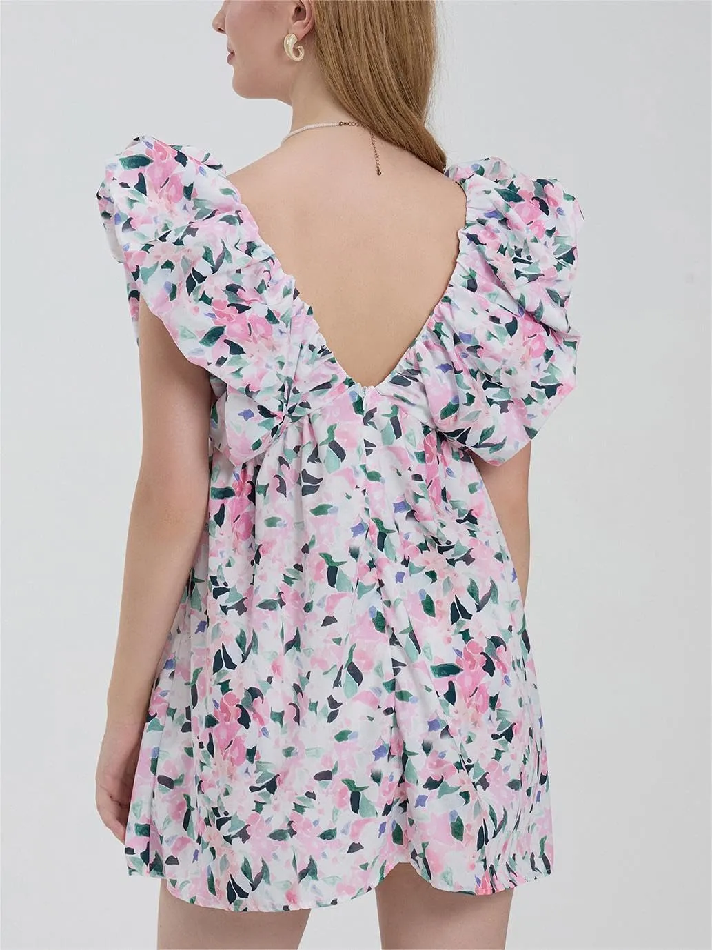 Sastianaen Women Y2k Floral Print Mini Dress Boho V Neck Puff Sleeve Short Dress Bow Tie Flowy Dress Beach Sundress