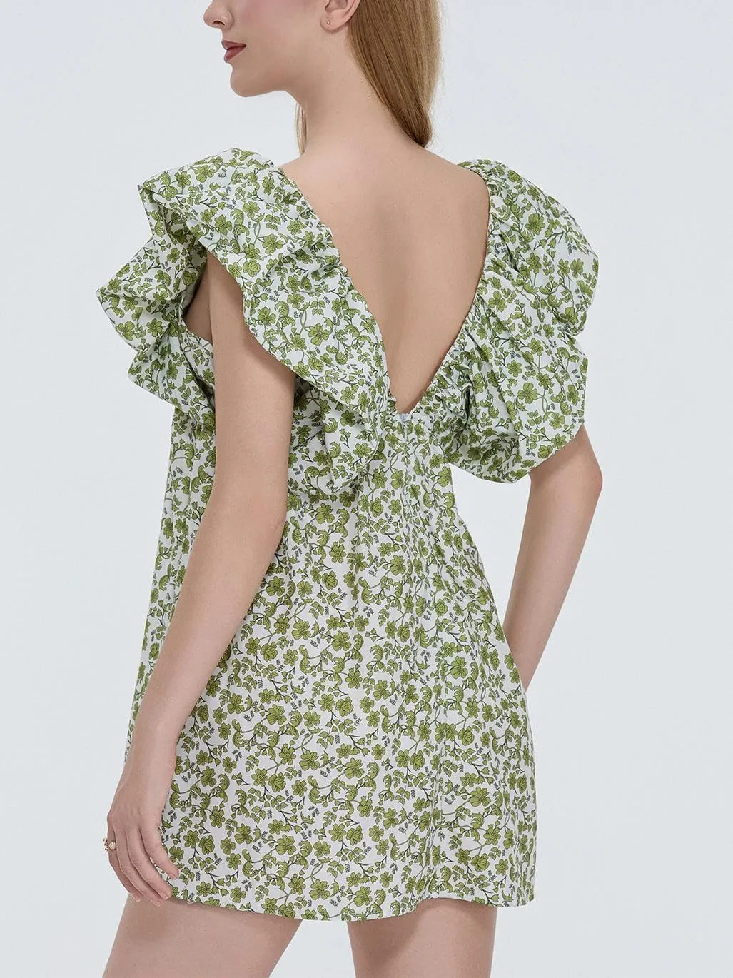 Sastianaen Women Y2k Floral Print Mini Dress Boho V Neck Puff Sleeve Short Dress Bow Tie Flowy Dress Beach Sundress