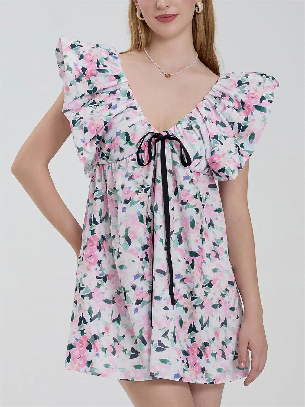 Sastianaen Women Y2k Floral Print Mini Dress Boho V Neck Puff Sleeve Short Dress Bow Tie Flowy Dress Beach Sundress