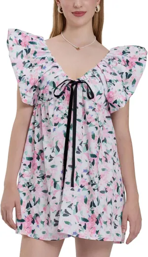 Sastianaen Women Y2k Floral Print Mini Dress Boho V Neck Puff Sleeve Short Dress Bow Tie Flowy Dress Beach Sundress