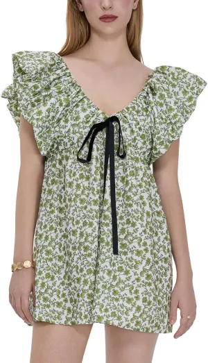 Sastianaen Women Y2k Floral Print Mini Dress Boho V Neck Puff Sleeve Short Dress Bow Tie Flowy Dress Beach Sundress