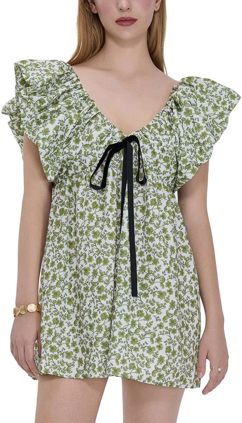 Sastianaen Women Y2k Floral Print Mini Dress Boho V Neck Puff Sleeve Short Dress Bow Tie Flowy Dress Beach Sundress