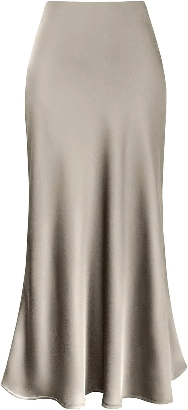 Satin Pencil Skirts for Women Midi Length High Waisted Skirt Trendy Flowy Flared A-Line Skirts Casual Bodycon Business Skirt