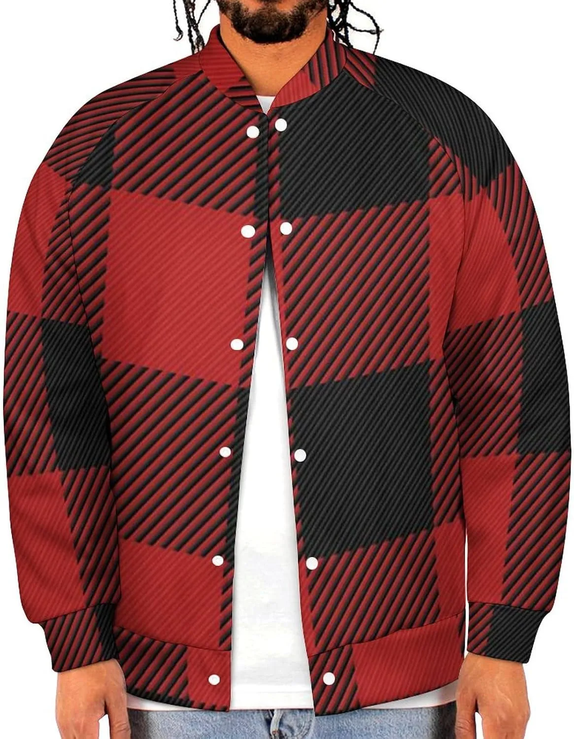 Scottish Red Checkered Black Twill Lightweight Men's Baseball Jackets Relaxed Fit Varsity Bomber Jacket Windbreaker Coat