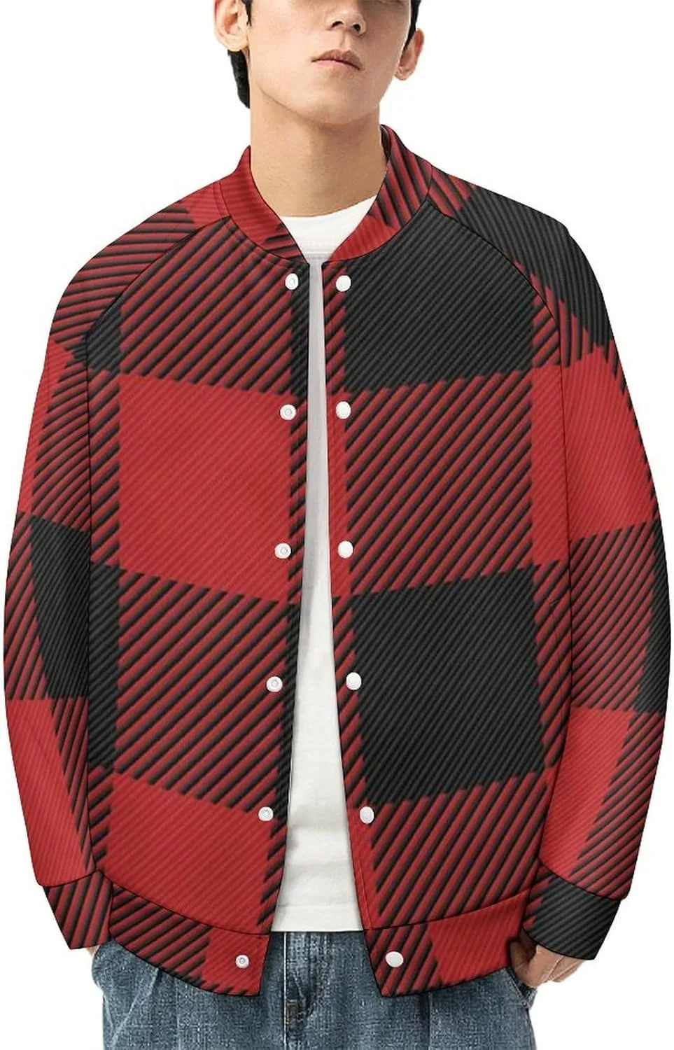 Scottish Red Checkered Black Twill Lightweight Men's Baseball Jackets Relaxed Fit Varsity Bomber Jacket Windbreaker Coat