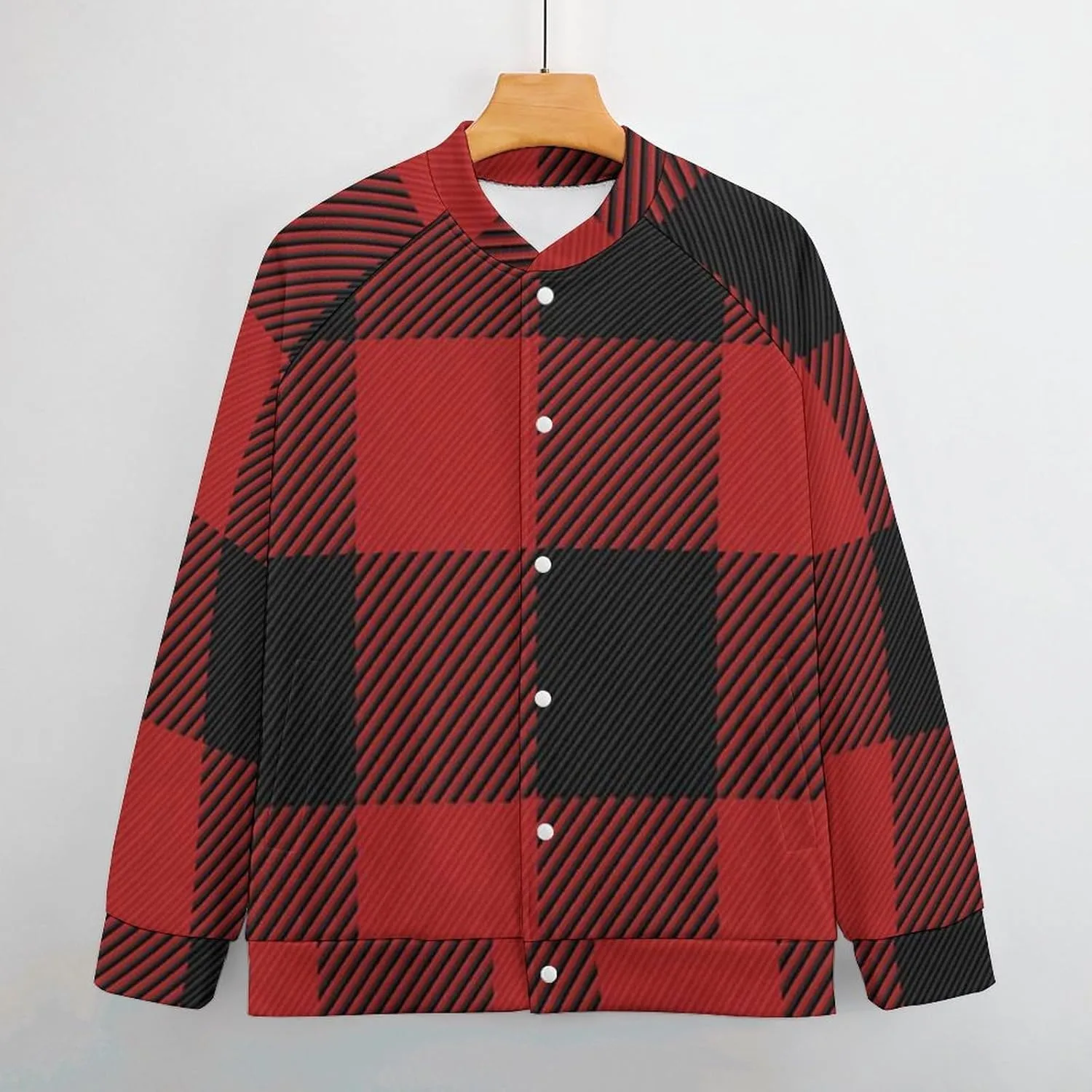 Scottish Red Checkered Black Twill Lightweight Men's Baseball Jackets Relaxed Fit Varsity Bomber Jacket Windbreaker Coat