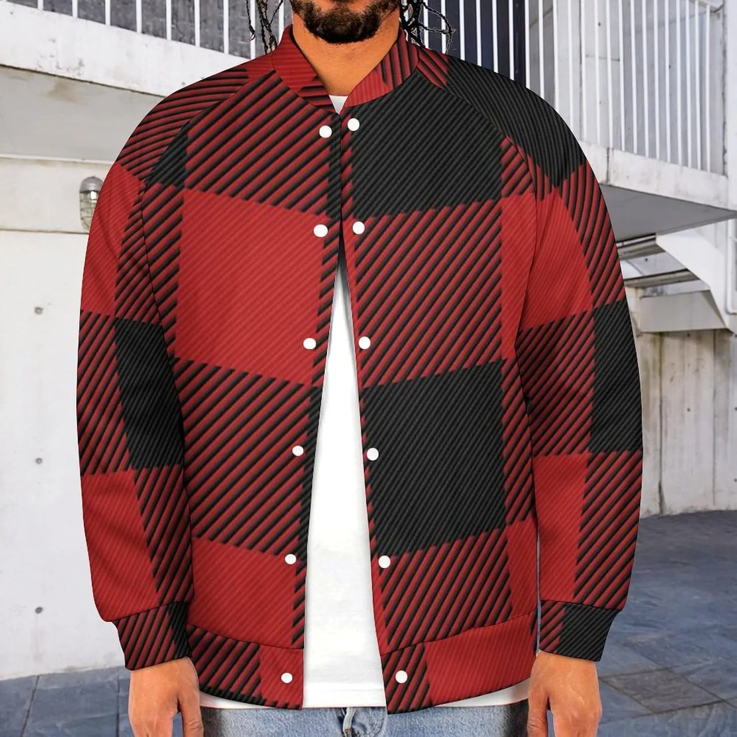 Scottish Red Checkered Black Twill Lightweight Men's Baseball Jackets Relaxed Fit Varsity Bomber Jacket Windbreaker Coat