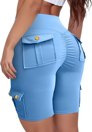 Scrunch Butt Shorts for Women High Waisted Yoga Shorts Workout Tummy Control Gym Running Cargo Shorts with Pockets