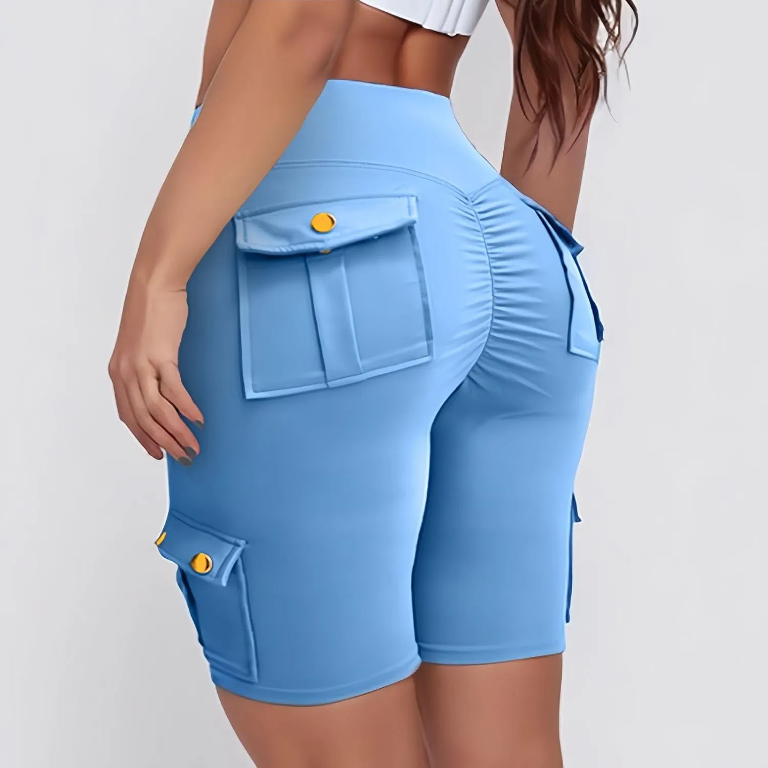 Scrunch Butt Shorts for Women High Waisted Yoga Shorts Workout Tummy Control Gym Running Cargo Shorts with Pockets