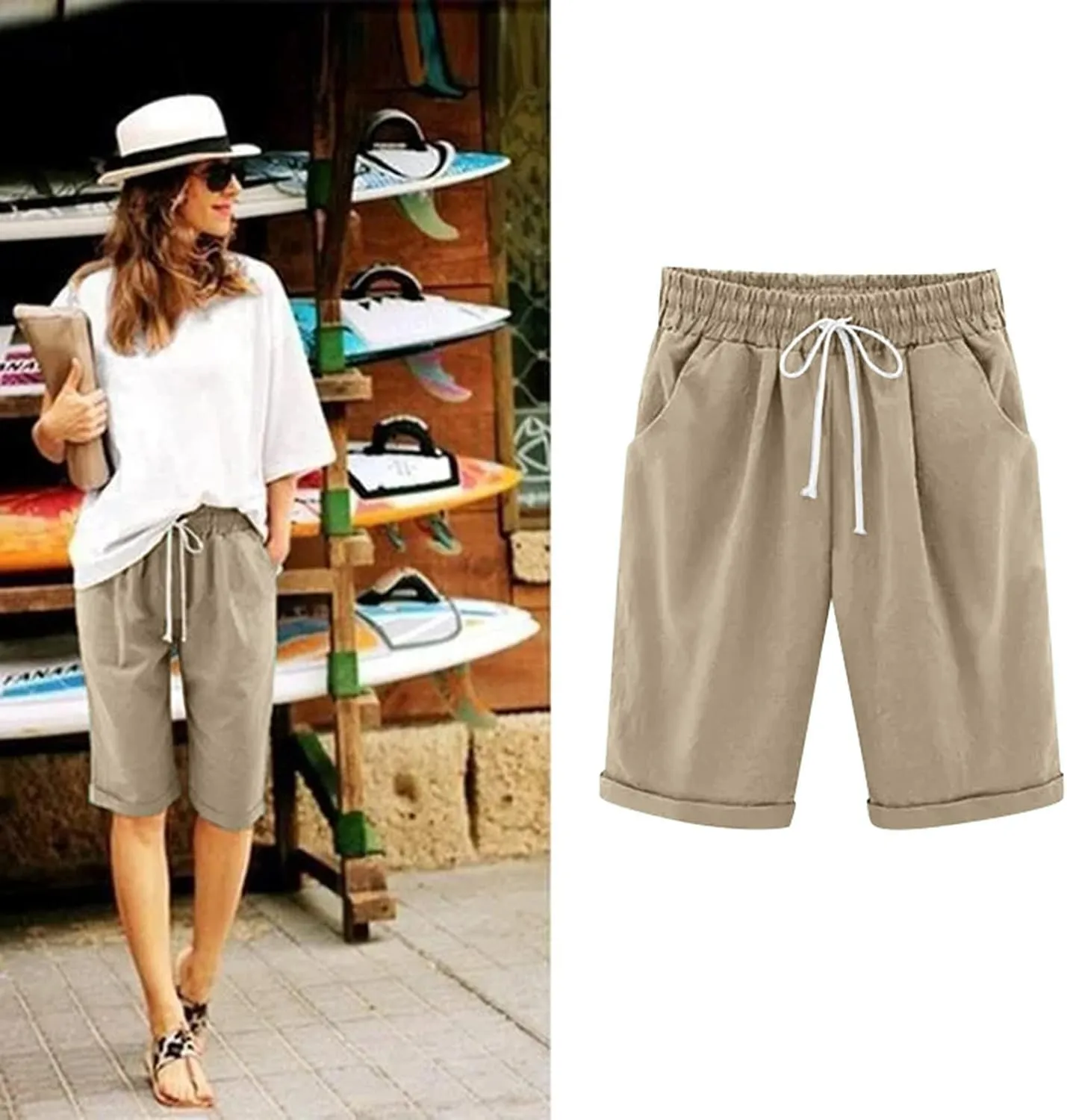 sdbrld Bermuda Shorts for Women Knee Length Casual Summer Drawstring Pull on Beach Shorts Womens Bermuda Shorts with Pockets