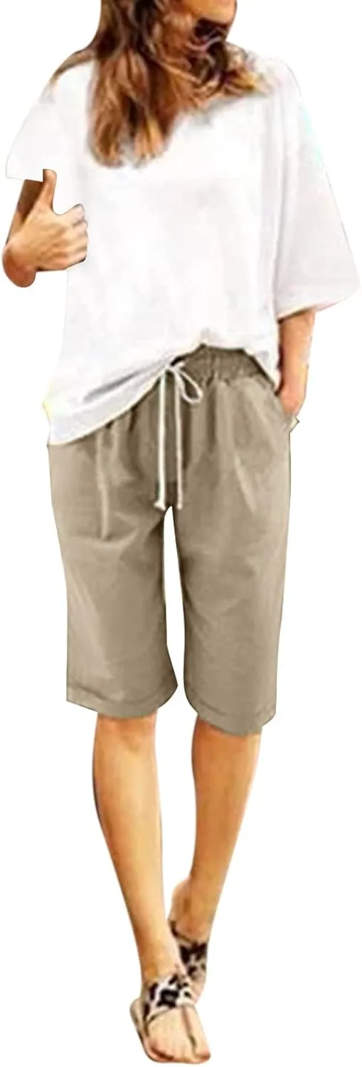 sdbrld Bermuda Shorts for Women Knee Length Casual Summer Drawstring Pull on Beach Shorts Womens Bermuda Shorts with Pockets