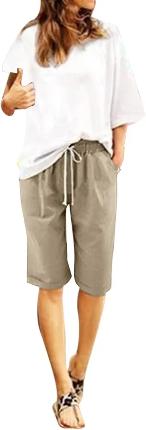 sdbrld Bermuda Shorts for Women Knee Length Casual Summer Drawstring Pull on Beach Shorts Womens Bermuda Shorts with Pockets