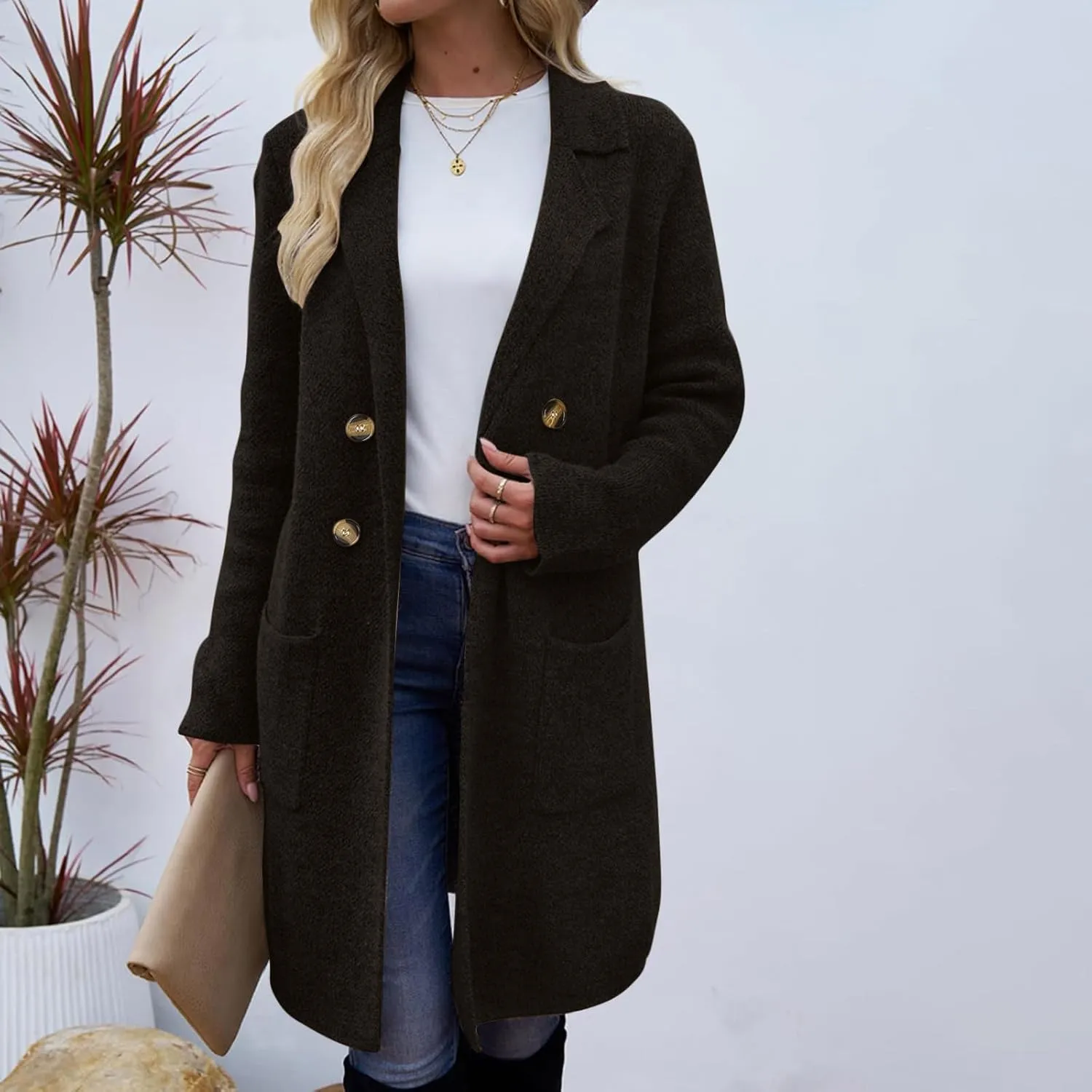 SEAOPEN Pea Coats for Women Thick Wool Trench Coat Long Double Breasted Peacoats Lapel Open Front Jacket with Pockets