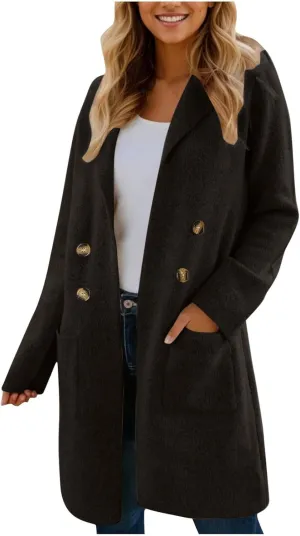 SEAOPEN Pea Coats for Women Thick Wool Trench Coat Long Double Breasted Peacoats Lapel Open Front Jacket with Pockets