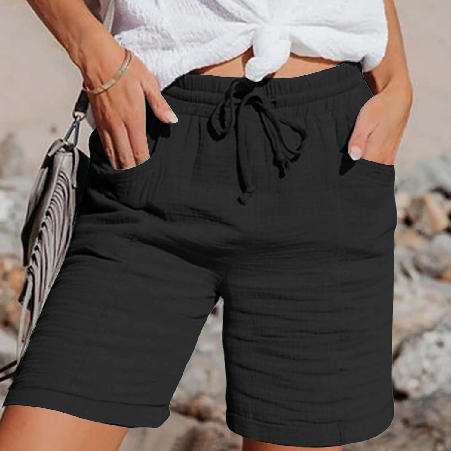 Shorts for Women Linen Shorts Elastic Waist Casual Lightweight with Pockets Cute Drawstring Summer Beach Shorts 2025 Fashion