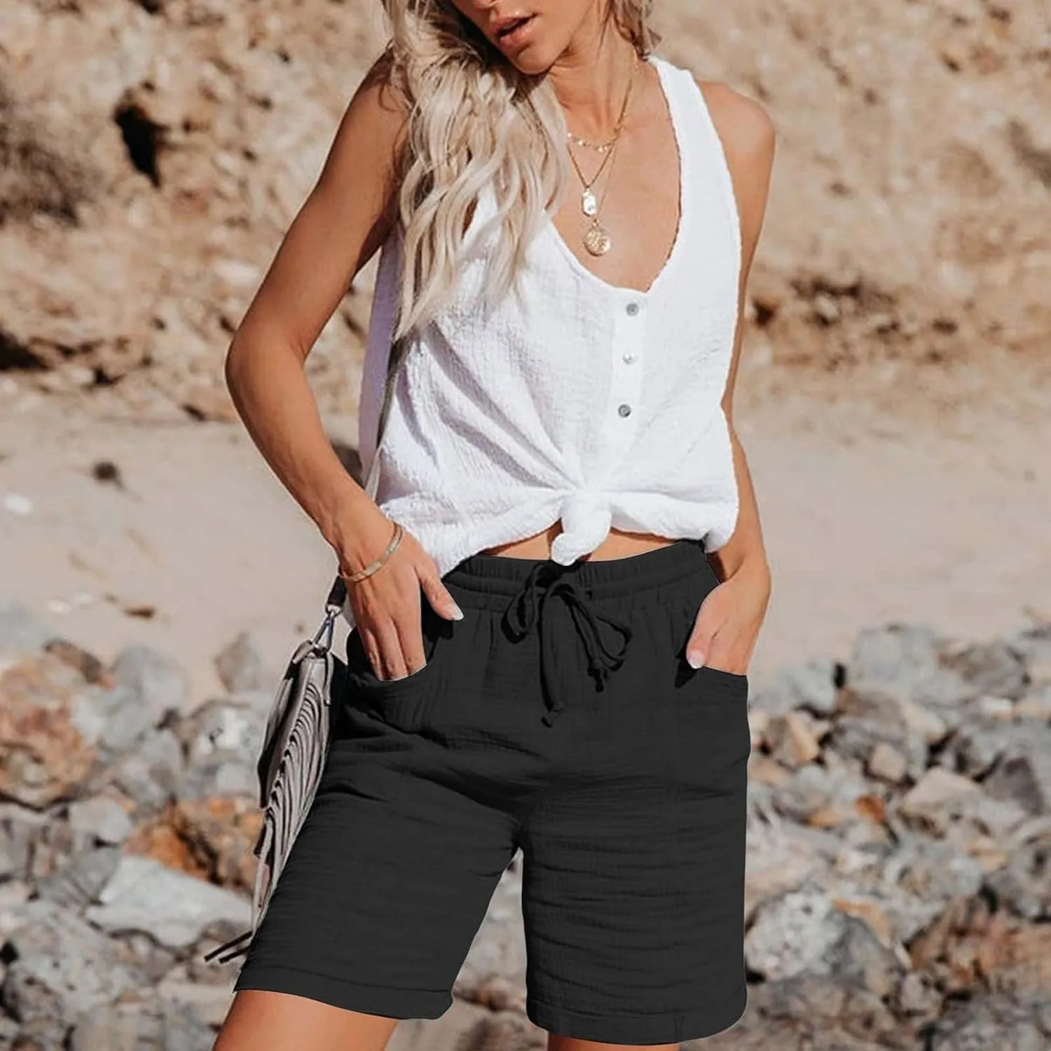 Shorts for Women Linen Shorts Elastic Waist Casual Lightweight with Pockets Cute Drawstring Summer Beach Shorts 2025 Fashion