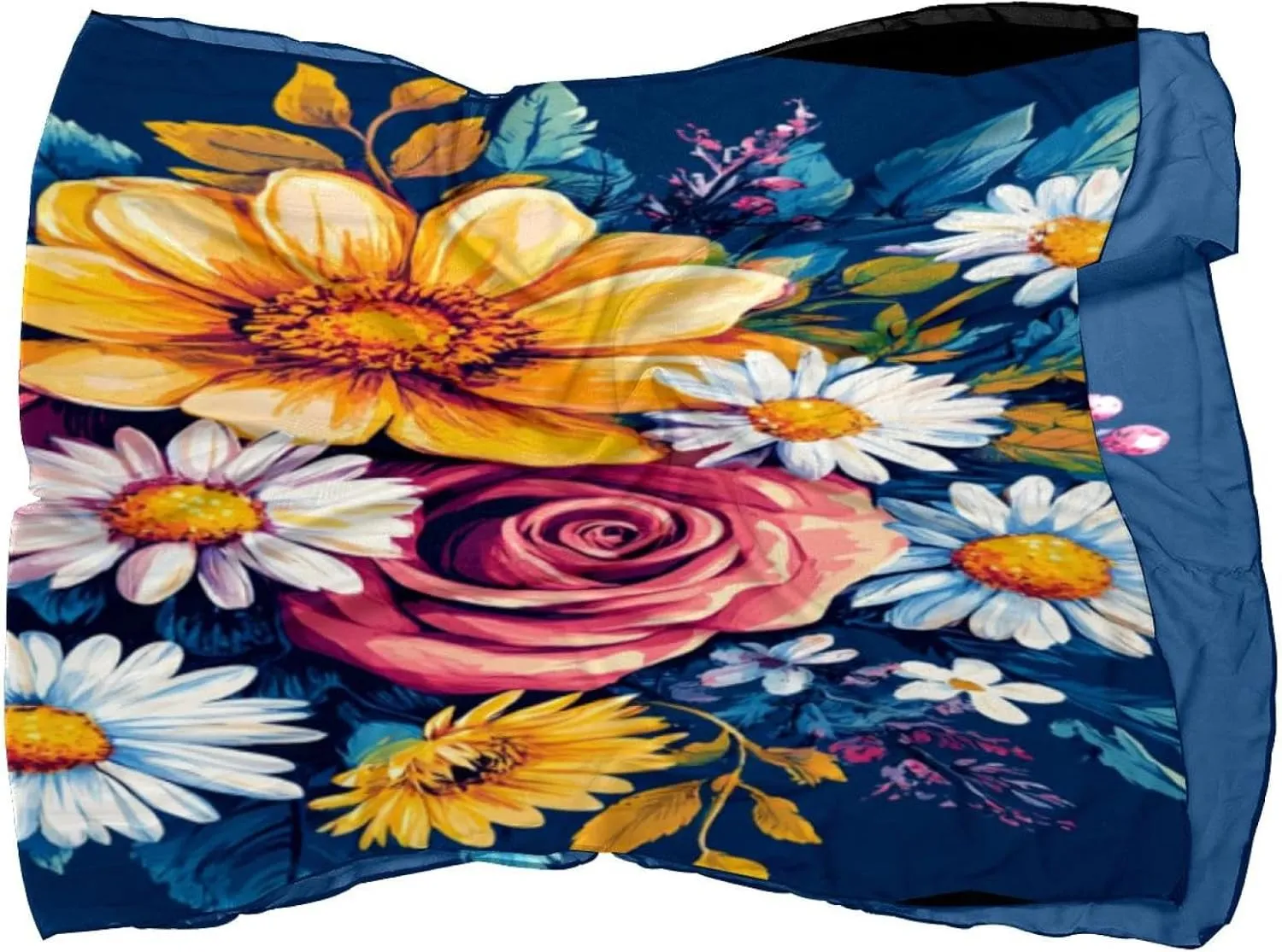 Silk Scarves Sunflower Daisy Rose Bouquet Prints Long Chiffon Scarf Wrap Shawl for Women