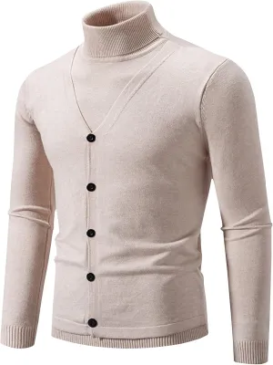 Sinzelimin Men Turtleneck Sweaters Winter Fashion Solid Button Design Long Sleeves Knitwear Sweater Fall Ribbed Knit Pullover
