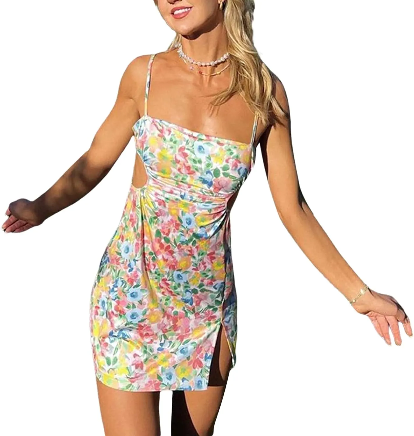 SOLILOQUY Women Summer Strappy Mini Dress Spaghetti Strap Lined Bust Floral Print Short Dress Beach Dress Sundress