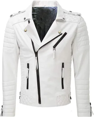 SpazeUp Mens Genuine Leather Quilted Brando Jacket - Asymmetrical Leather Motorcycle Cafe Racer Leather Jacket