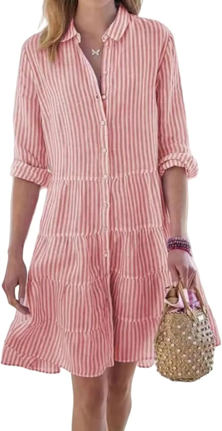 Striped Dress for Women Long Sleeve Lapel Neck Shirt Midi Dresses Summer Casual Loose Button Down A Line Dresses