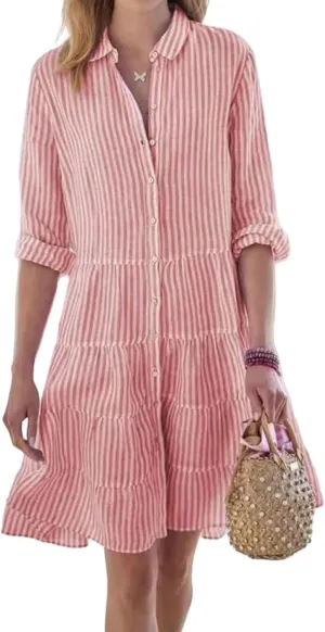 Striped Dress for Women Long Sleeve Lapel Neck Shirt Midi Dresses Summer Casual Loose Button Down A Line Dresses