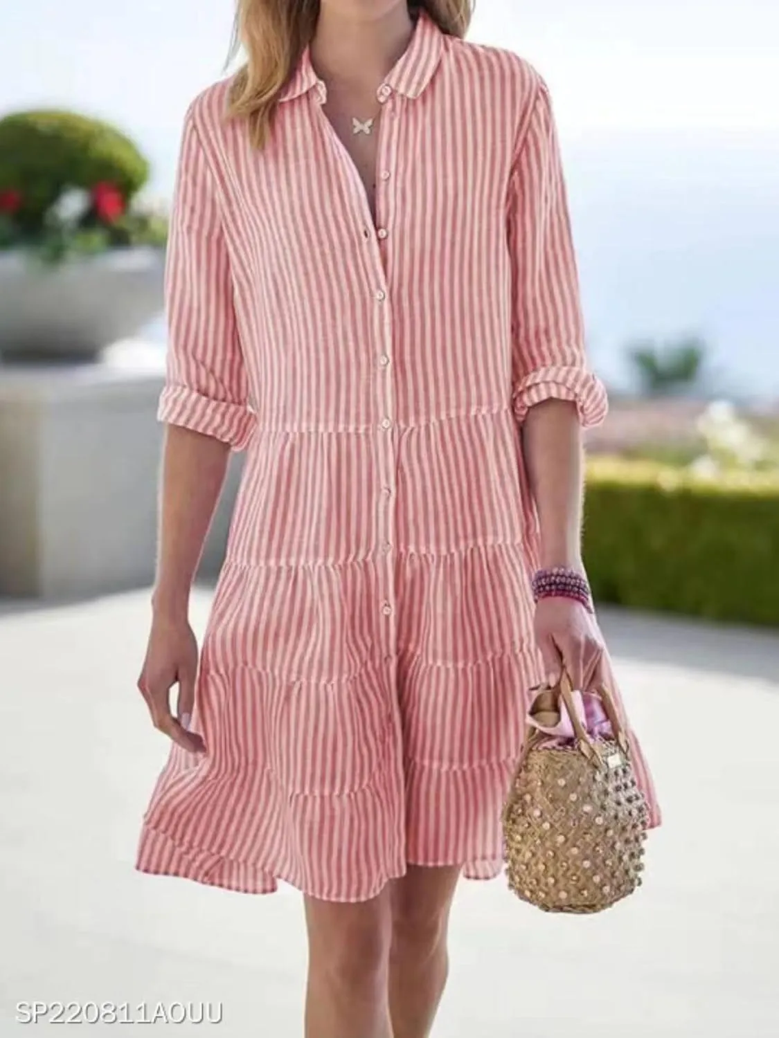 Striped Dress for Women Long Sleeve Lapel Neck Shirt Midi Dresses Summer Casual Loose Button Down A Line Dresses