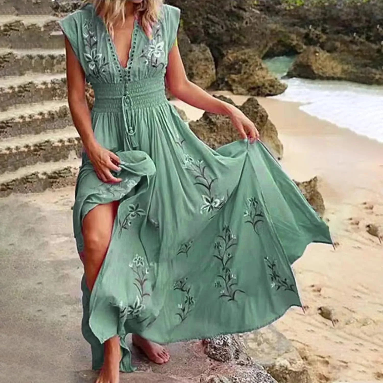 Summer Dresses for Women 2025 Boho Dress Cap Sleeve V Neck The Waist Maxi Dress Floral Elegant Wrap Sundress 2025