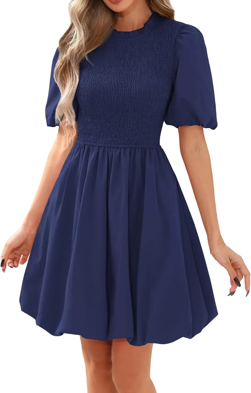 Summer Dresses for Women 2025 Boho Puff Dresses Short Sleeve Crewneck Mini Dress High Waist Ruffle Hem A Line Dress