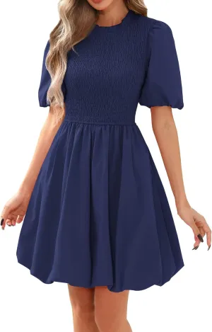Summer Dresses for Women 2025 Boho Puff Dresses Short Sleeve Crewneck Mini Dress High Waist Ruffle Hem A Line Dress