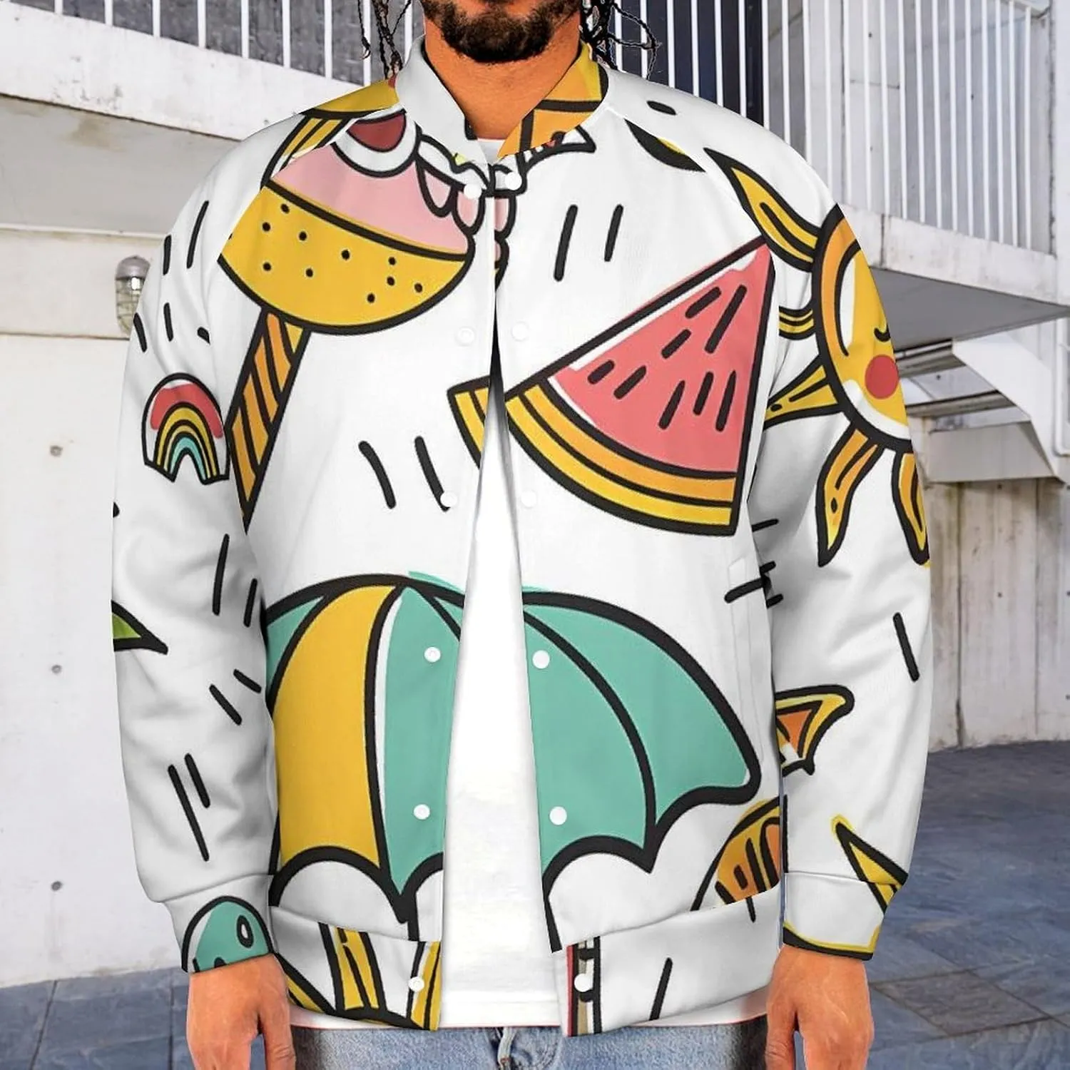 Summer Palm Trees Pineapple Watermelon Lightweight Men's Baseball Jackets Relaxed Fit Varsity Bomber Jacket Windbreaker Coat