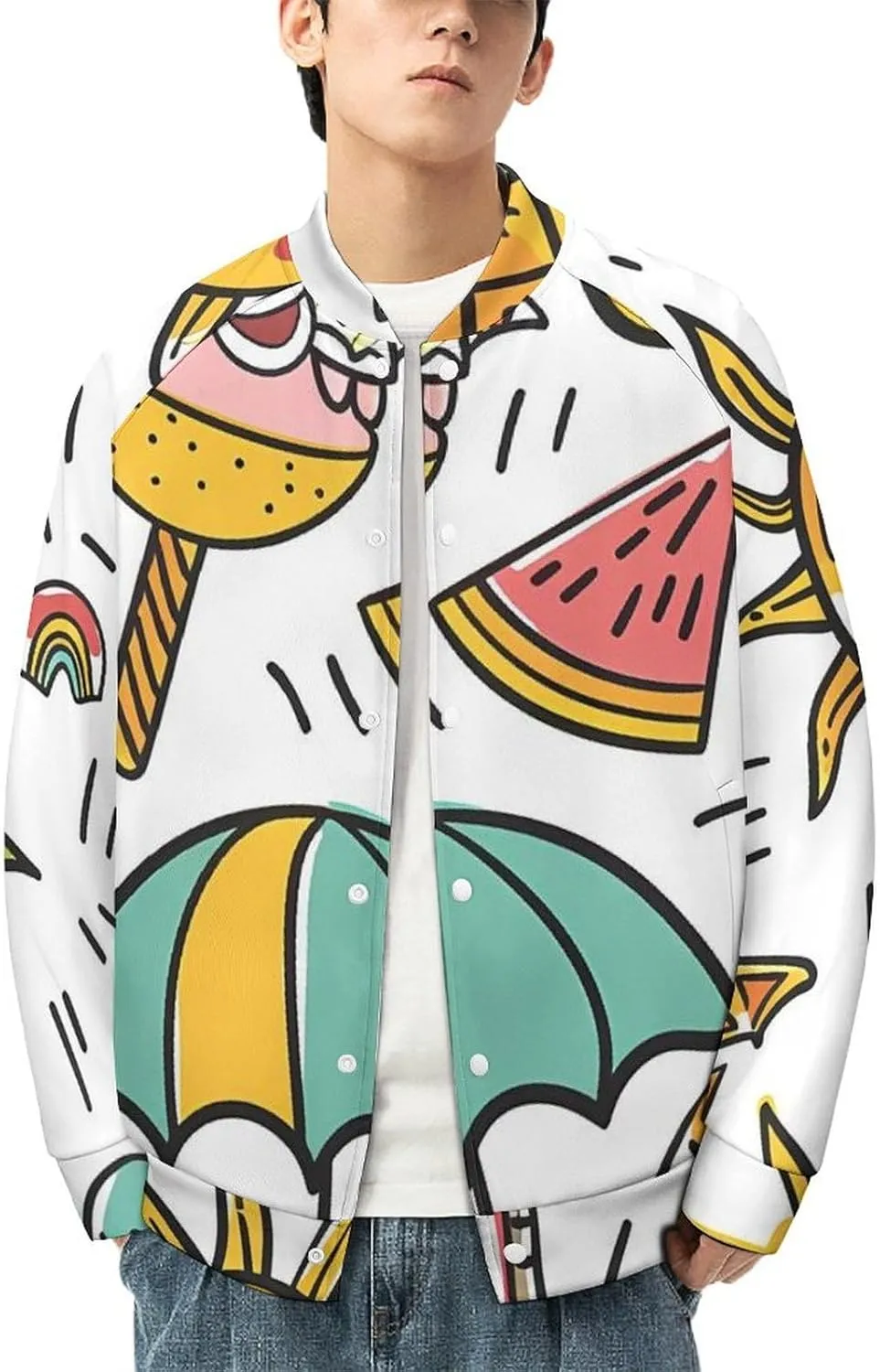 Summer Palm Trees Pineapple Watermelon Lightweight Men's Baseball Jackets Relaxed Fit Varsity Bomber Jacket Windbreaker Coat