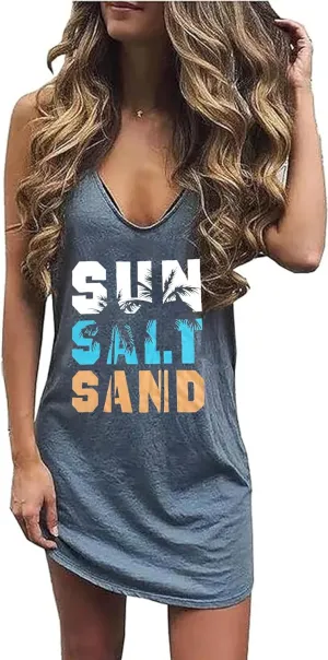 Sun Salt Sand Coconut Tree Mini Dress Women Summer Sleeveless Vacation Tank Dress Beach Praty Shirts Dress