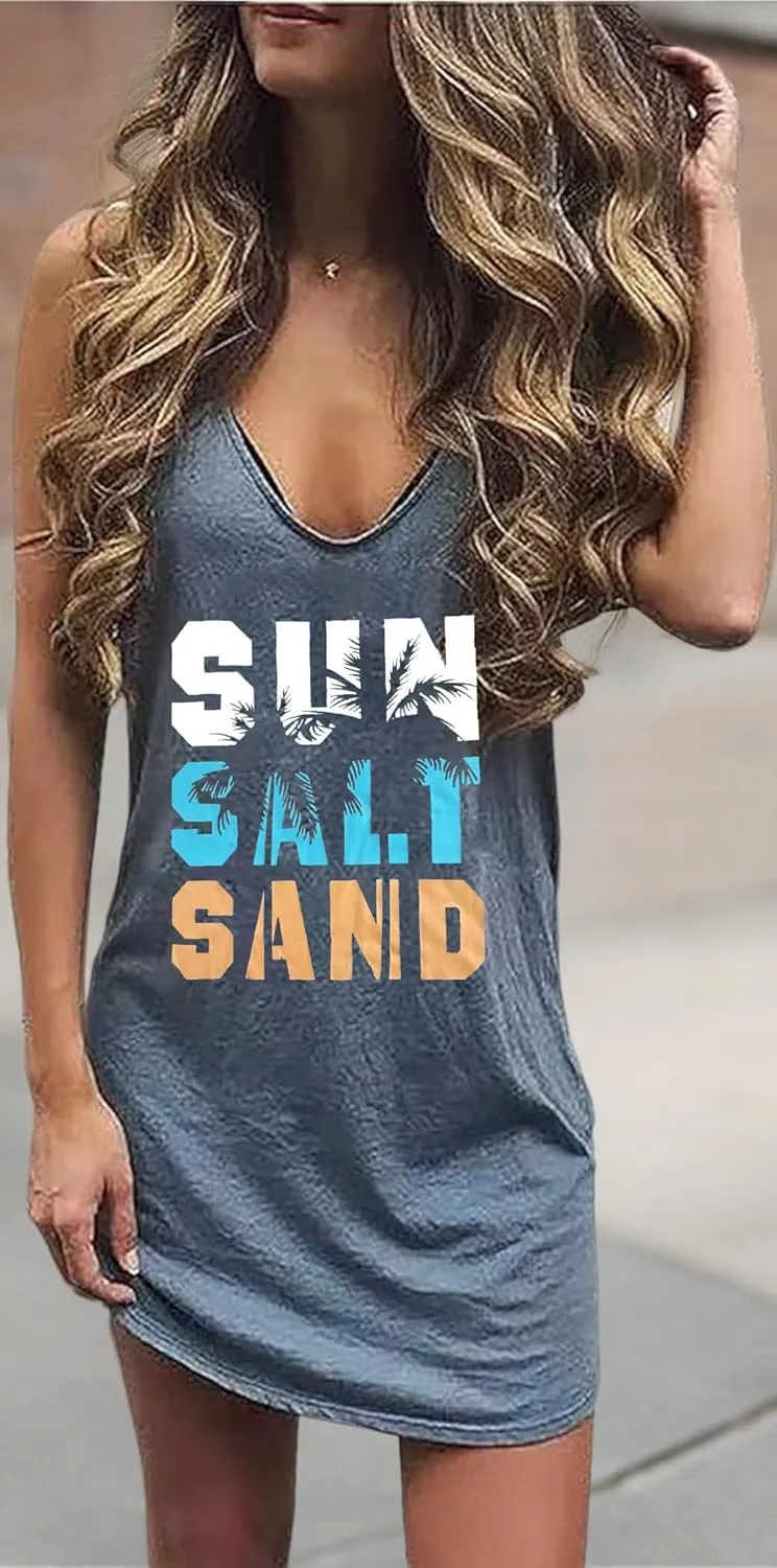 Sun Salt Sand Coconut Tree Mini Dress Women Summer Sleeveless Vacation Tank Dress Beach Praty Shirts Dress