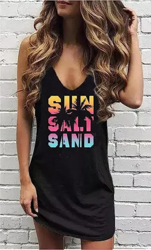 Sun Salt Sand Coconut Tree Mini Dress Women Summer Sleeveless Vacation Tank Dress Beach Praty Shirts Dress