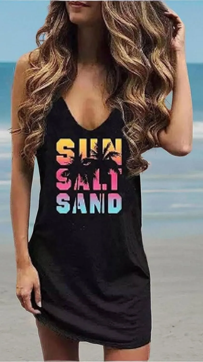 Sun Salt Sand Coconut Tree Mini Dress Women Summer Sleeveless Vacation Tank Dress Beach Praty Shirts Dress