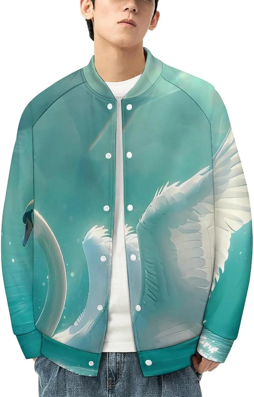 Swan Swimming on The Lake Lightweight Men's Baseball Jackets Relaxed Fit Varsity Bomber Jacket Windbreaker Coat