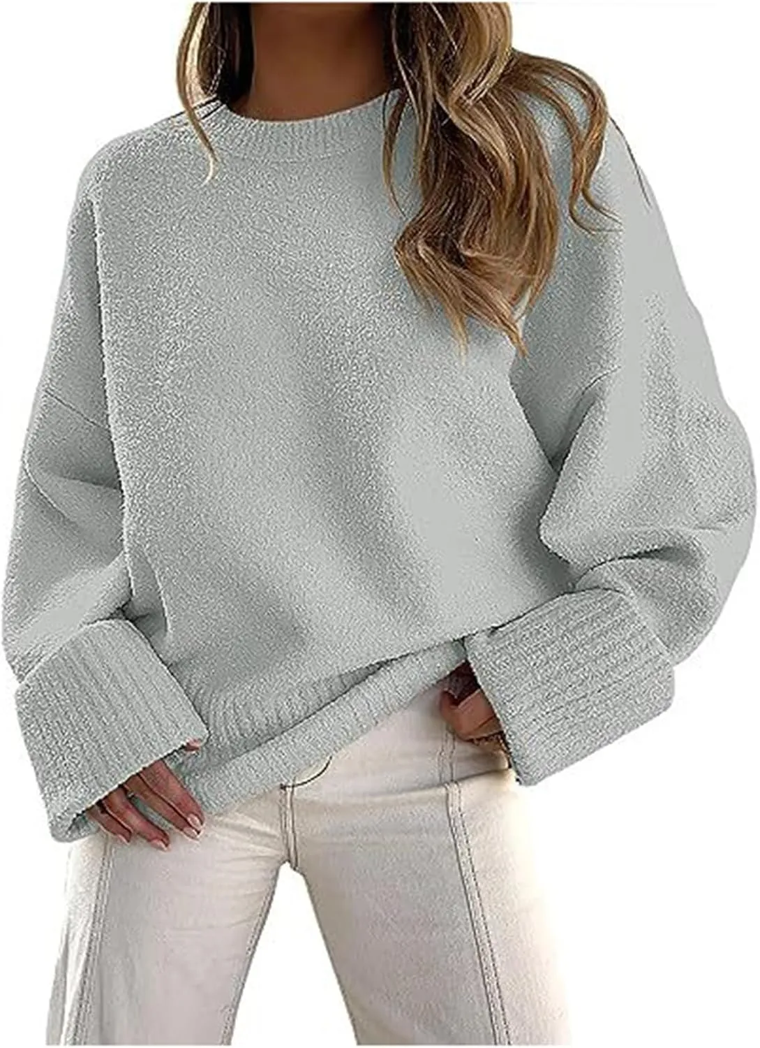 Sweater for Women Chunky Knit Crew Neck Solid Color Long Sleeve Casual Loose Fit Soft Sweaters Tops