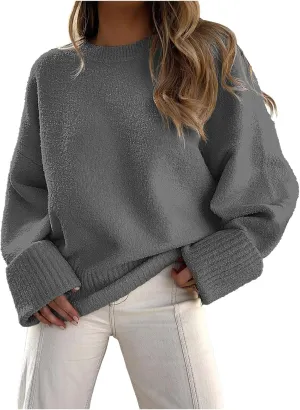 Sweater for Women Chunky Knit Crew Neck Solid Color Long Sleeve Casual Loose Fit Soft Sweaters Tops
