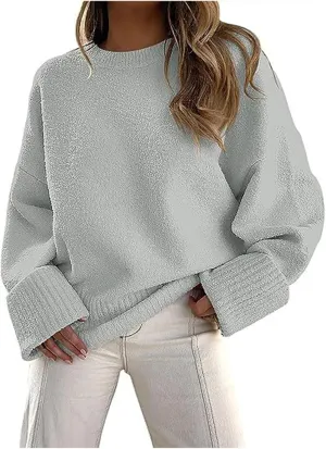 Sweater for Women Chunky Knit Crew Neck Solid Color Long Sleeve Casual Loose Fit Soft Sweaters Tops