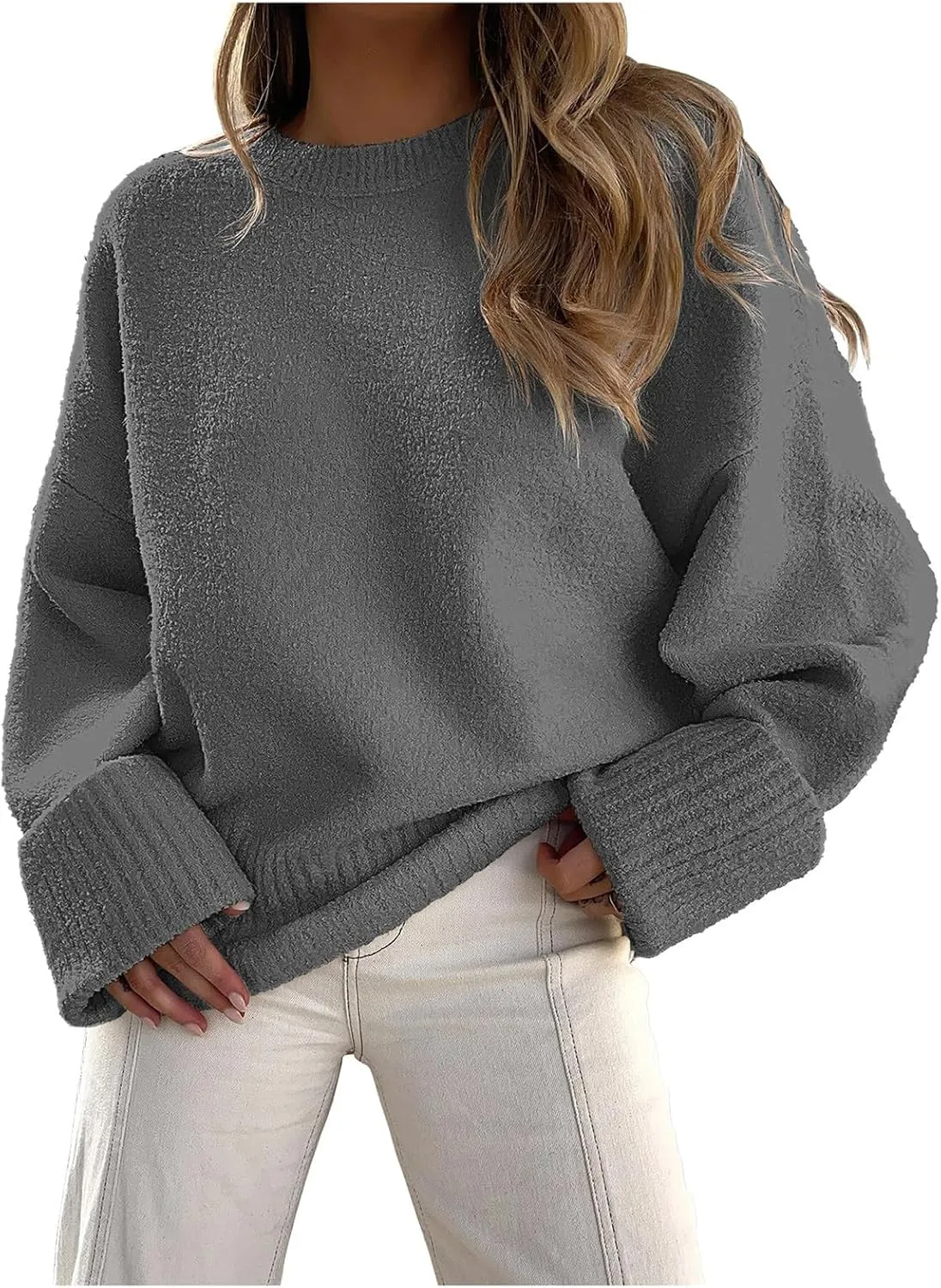 Sweater for Women Chunky Knit Crew Neck Solid Color Long Sleeve Casual Loose Fit Soft Sweaters Tops